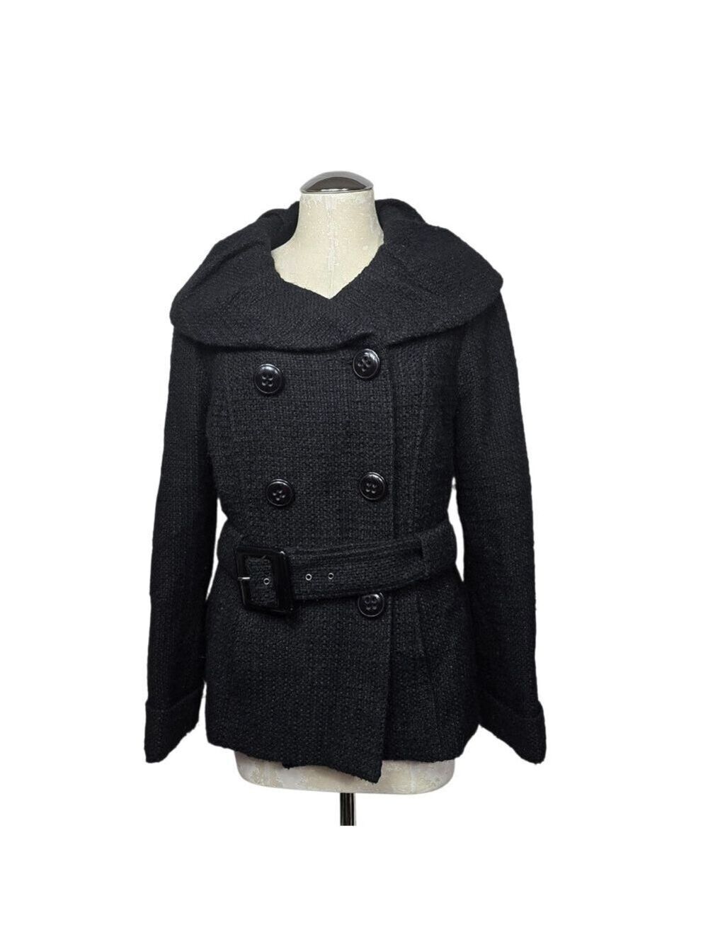 Focus 2000 Black Double Breasted Black Wool Blend Belted Jacket 8